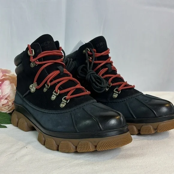 NWOB Sperry Summit Womens Black Waterproof Suede Lace Up Lug Sole Rain Boot 8.5 - Picture 2 of 8